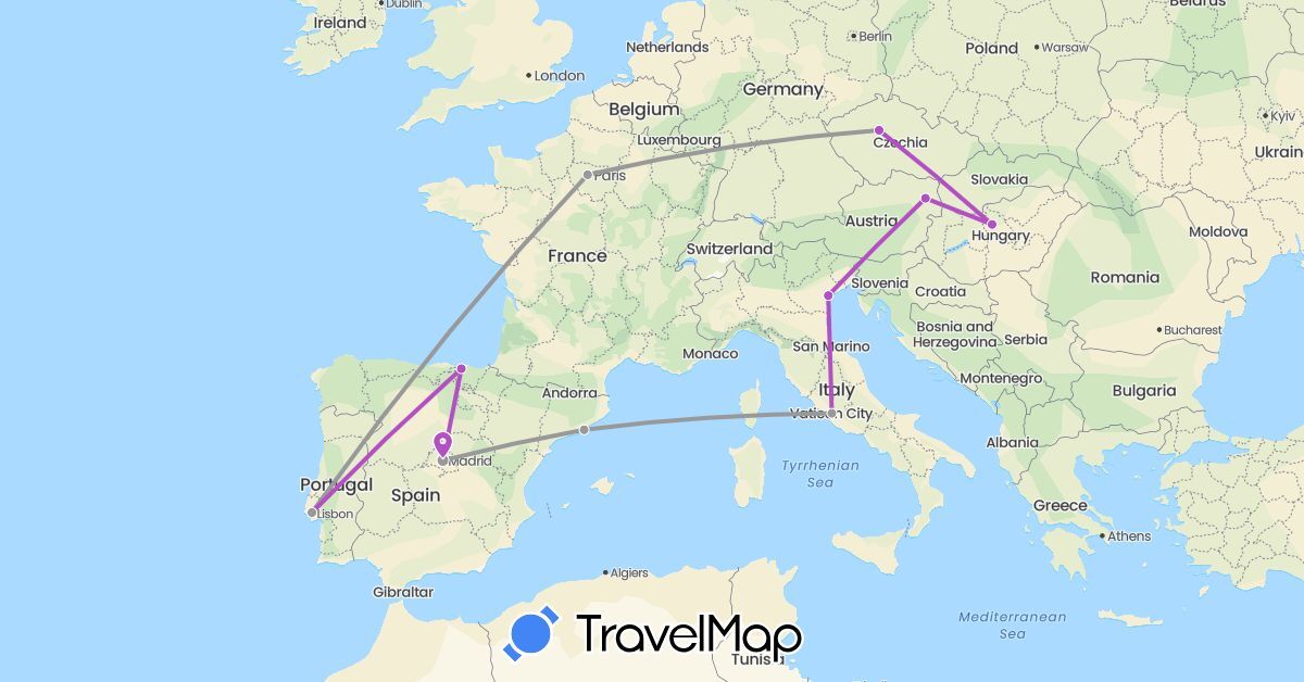 TravelMap itinerary: driving, plane, train in Austria, Czech Republic, Spain, France, Hungary, Italy, Portugal (Europe)